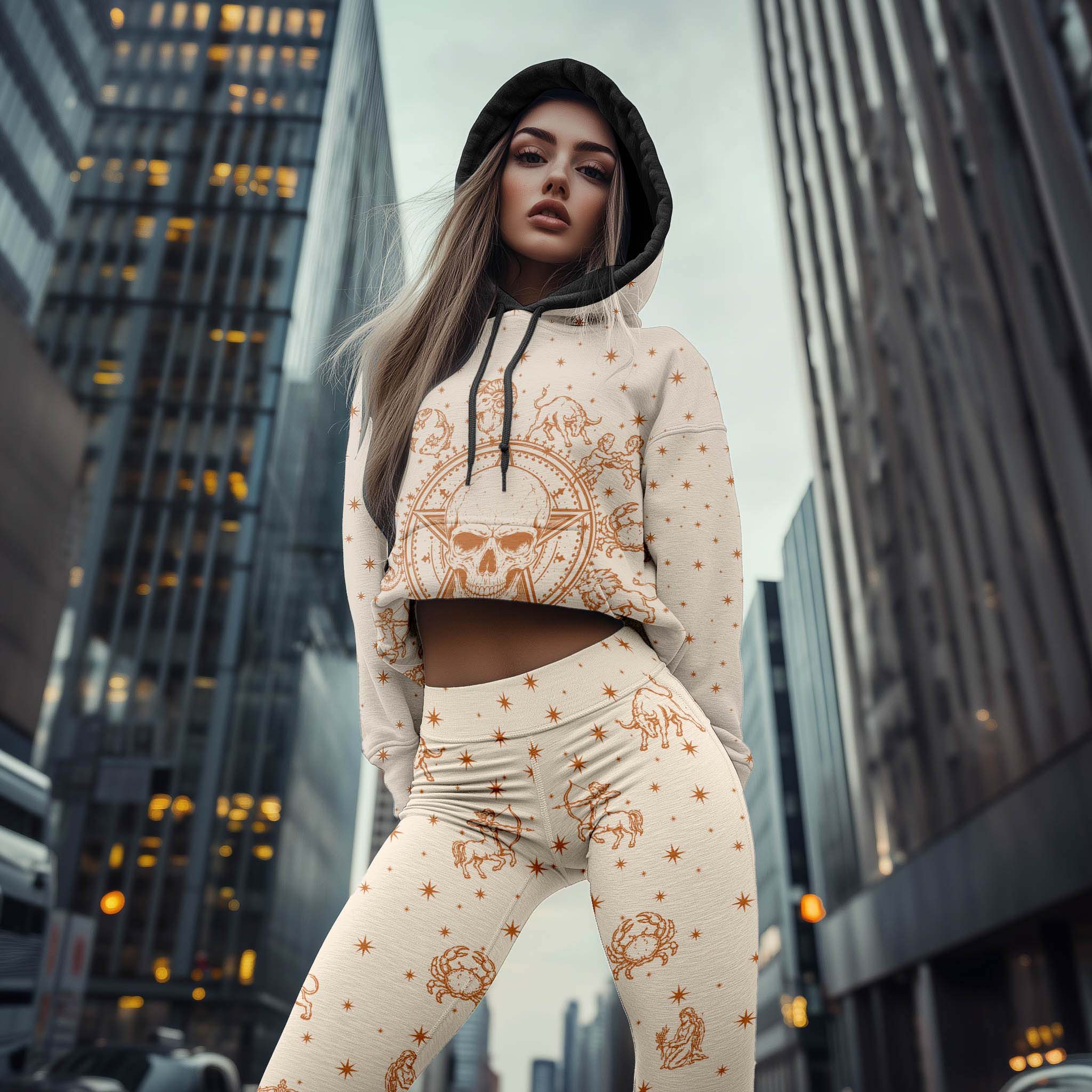 Women Hoodie and Leggings, Cosmic Skull Zodiac Outwear Pants Outfit