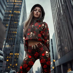 Women Hoodie and Leggings, Red Crimson Curse Skull Outwear Pants Outfit