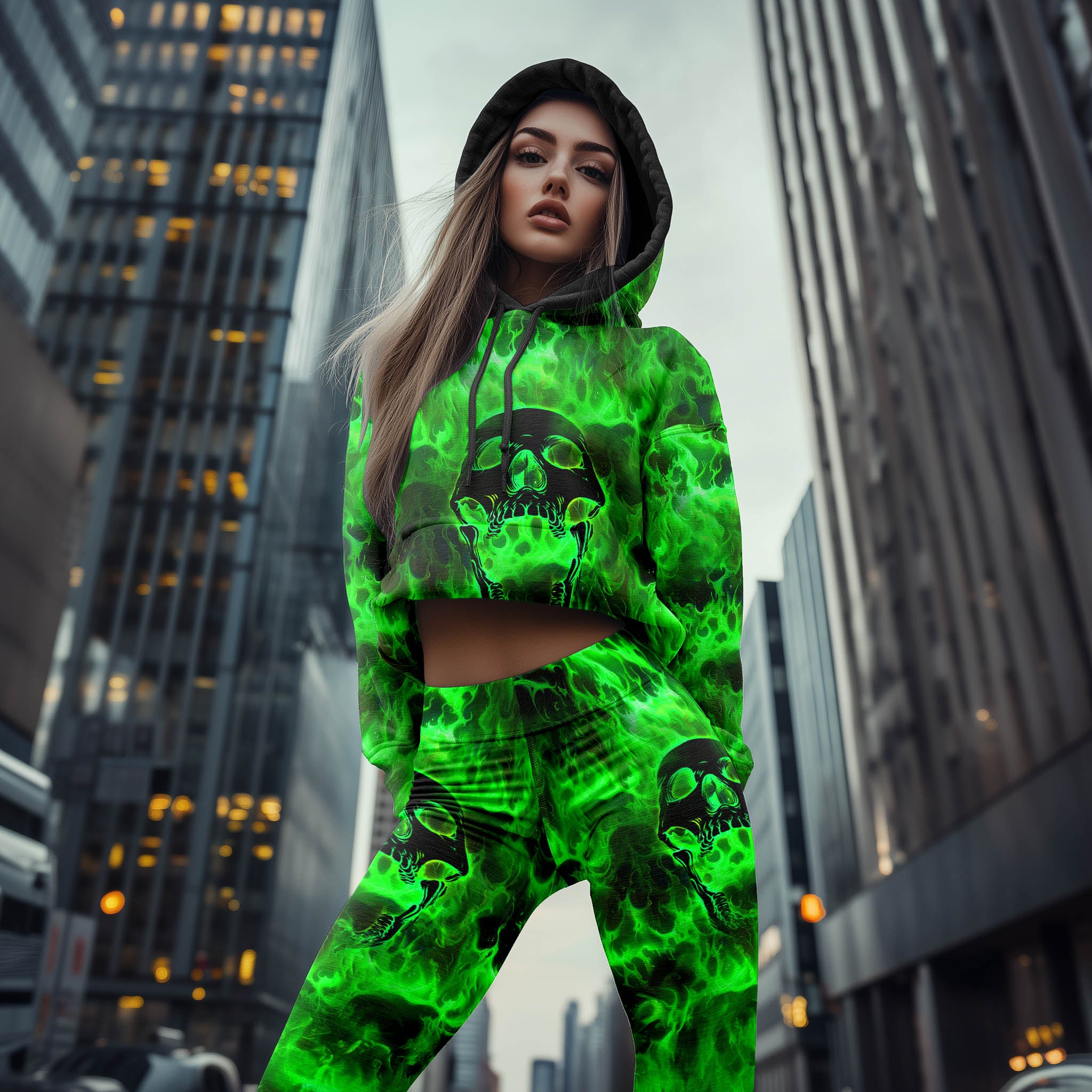 Women Hoodie and Leggings, Green Skull Flaming Outwear Pants Outfit
