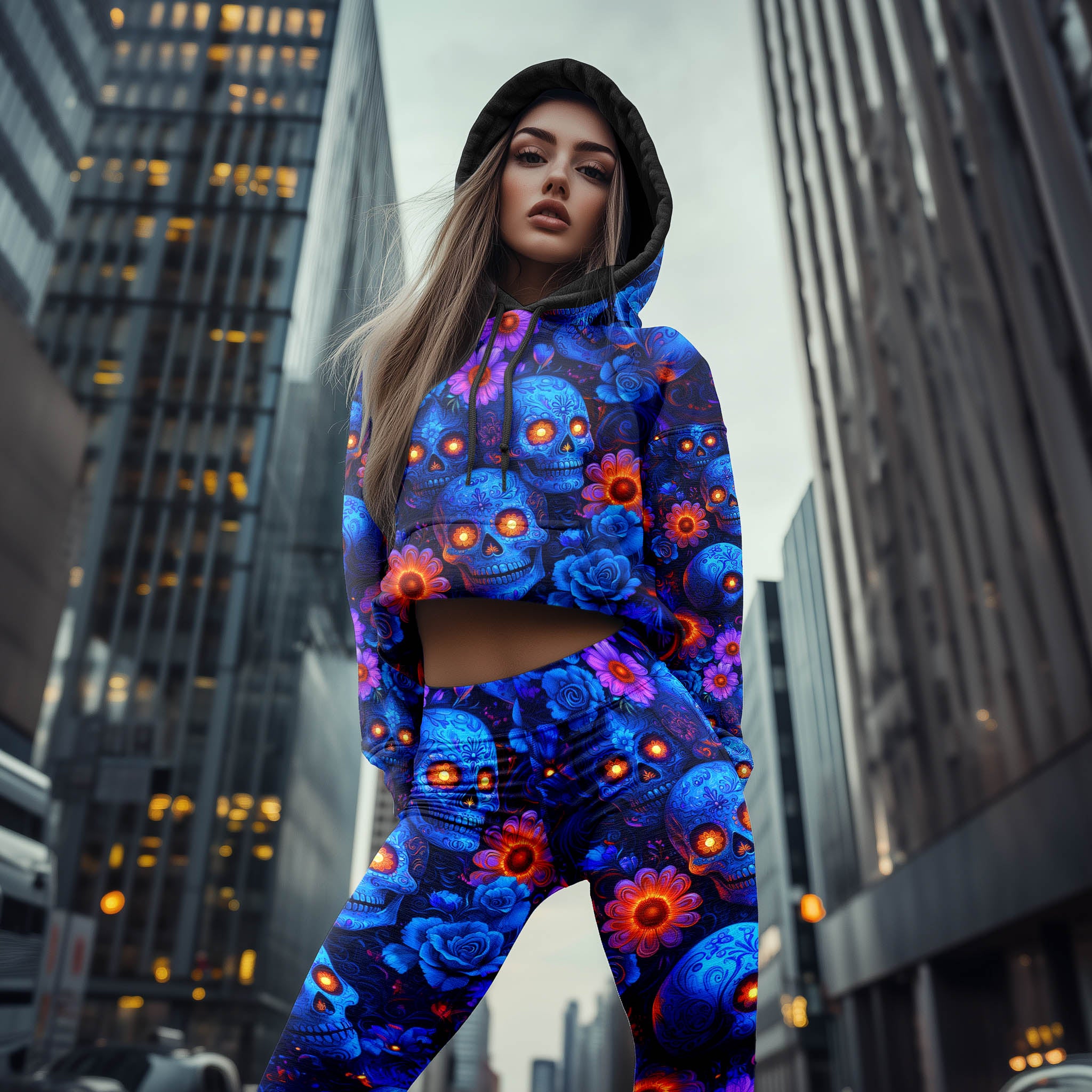 Women Hoodie and Leggings, Blue Skull Pattern Outwear Pants Outfit