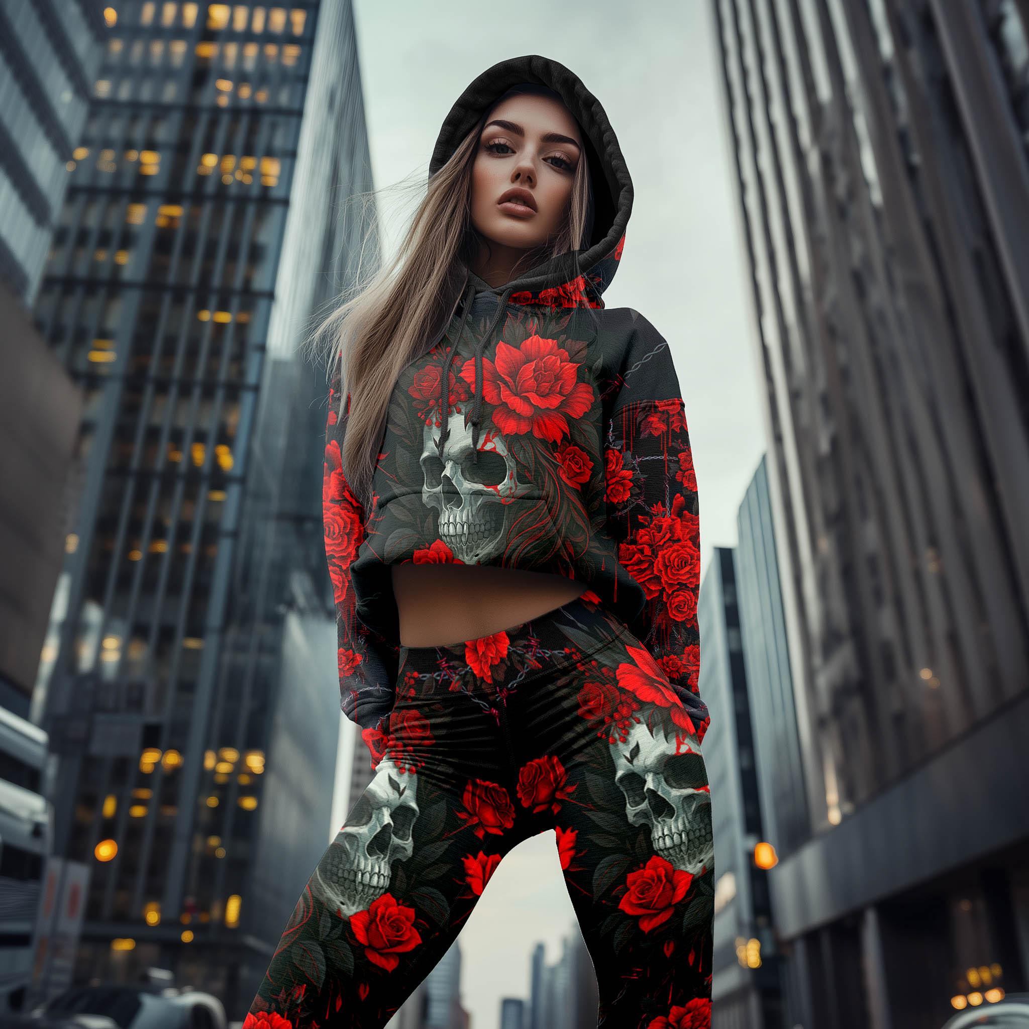 Women Hoodie and Leggings, Red Skull Rose Queen Outwear Pants Outfit