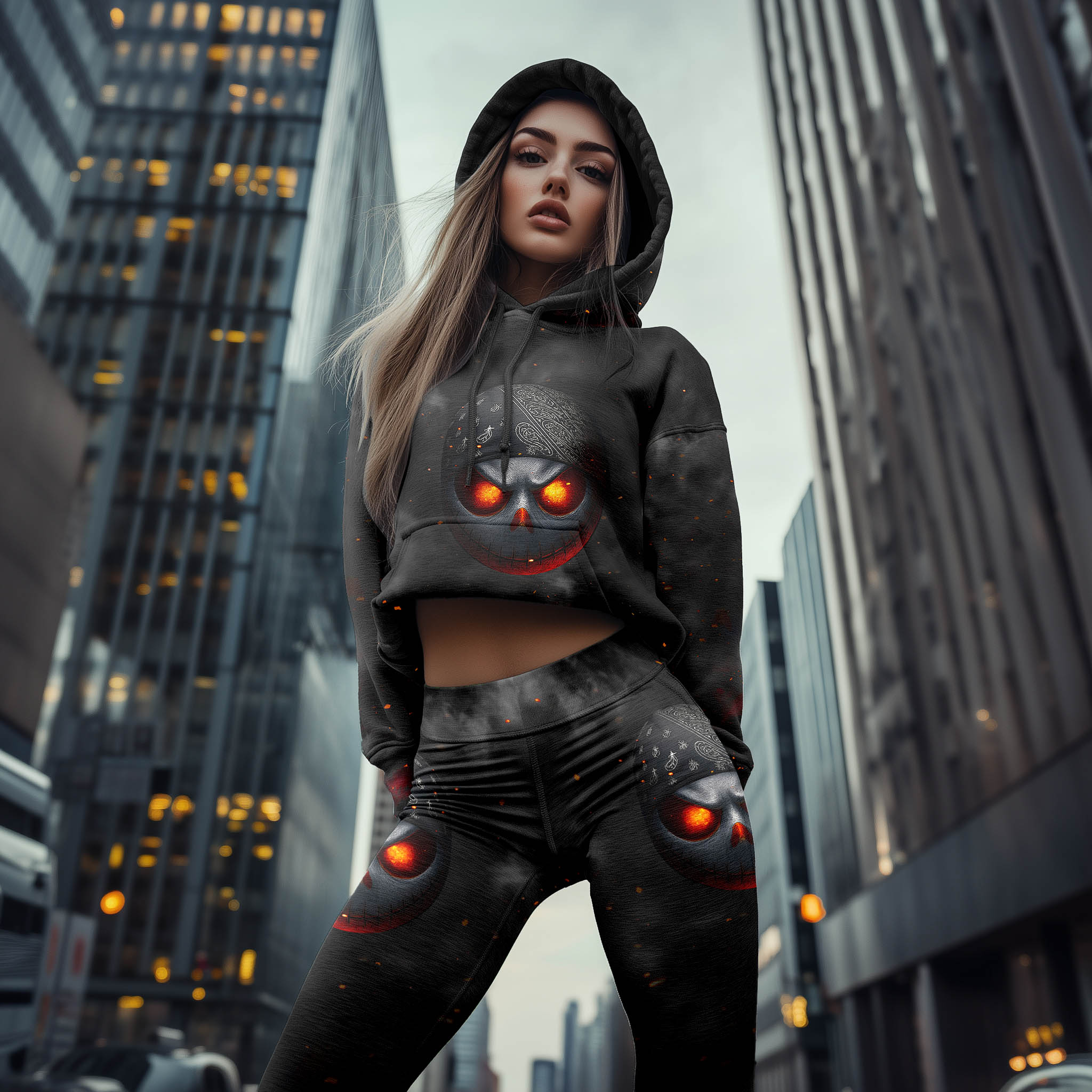 Women Hoodie and Leggings, Dust Fire Skull Art Outwear Pants Outfit