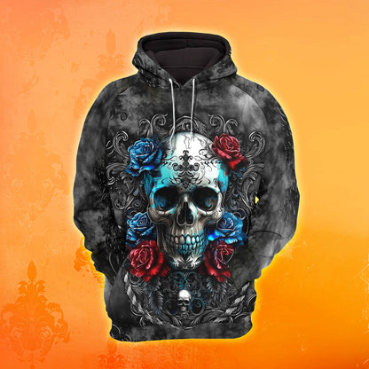 Watercolor Skull Rose Floral Combo Hoodie and Leggings - Dark and edgy matching set with skull designs for a unique and stylish look