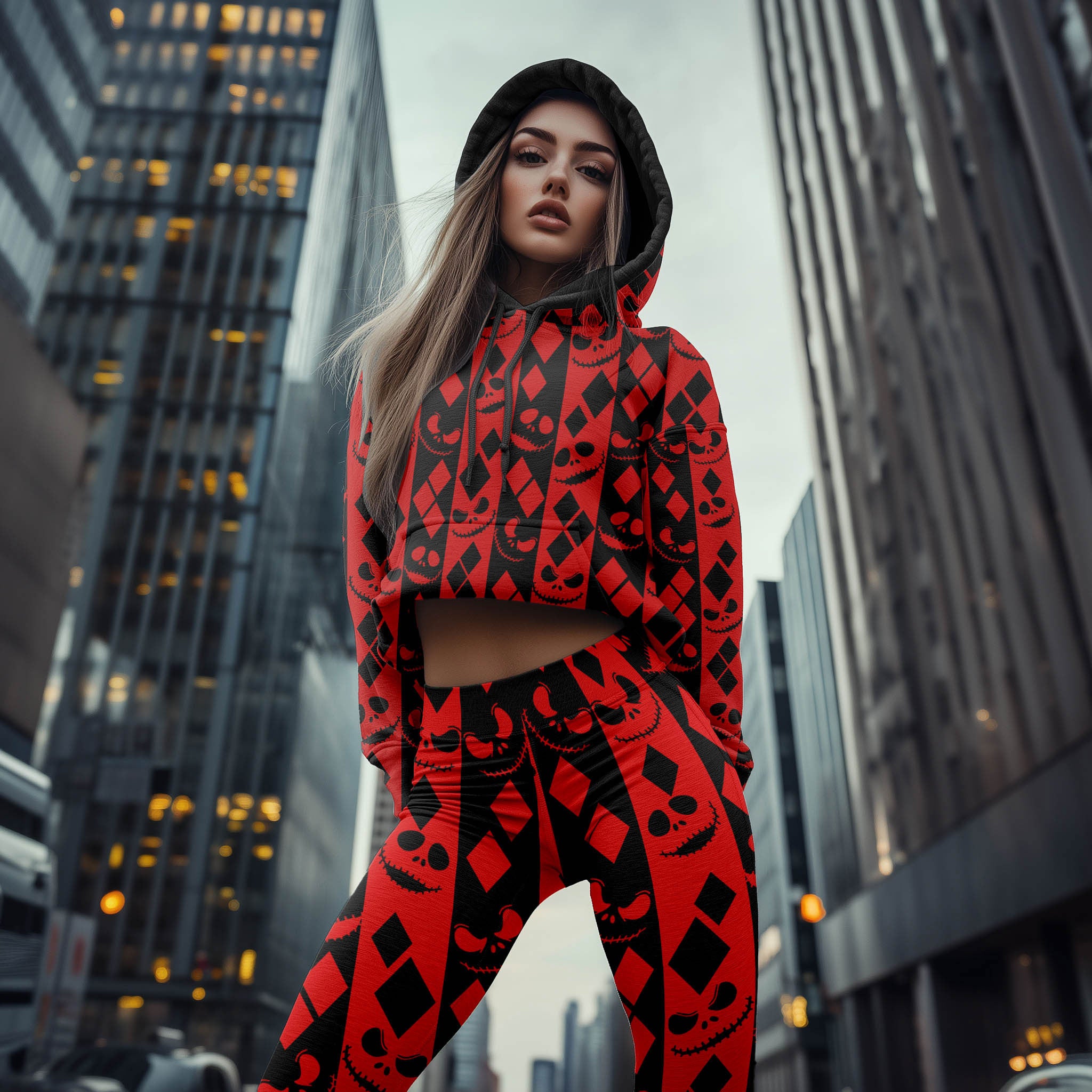 Women Hoodie and Leggings, Red Shadow Skull Pattern Outwear Pants Outfit