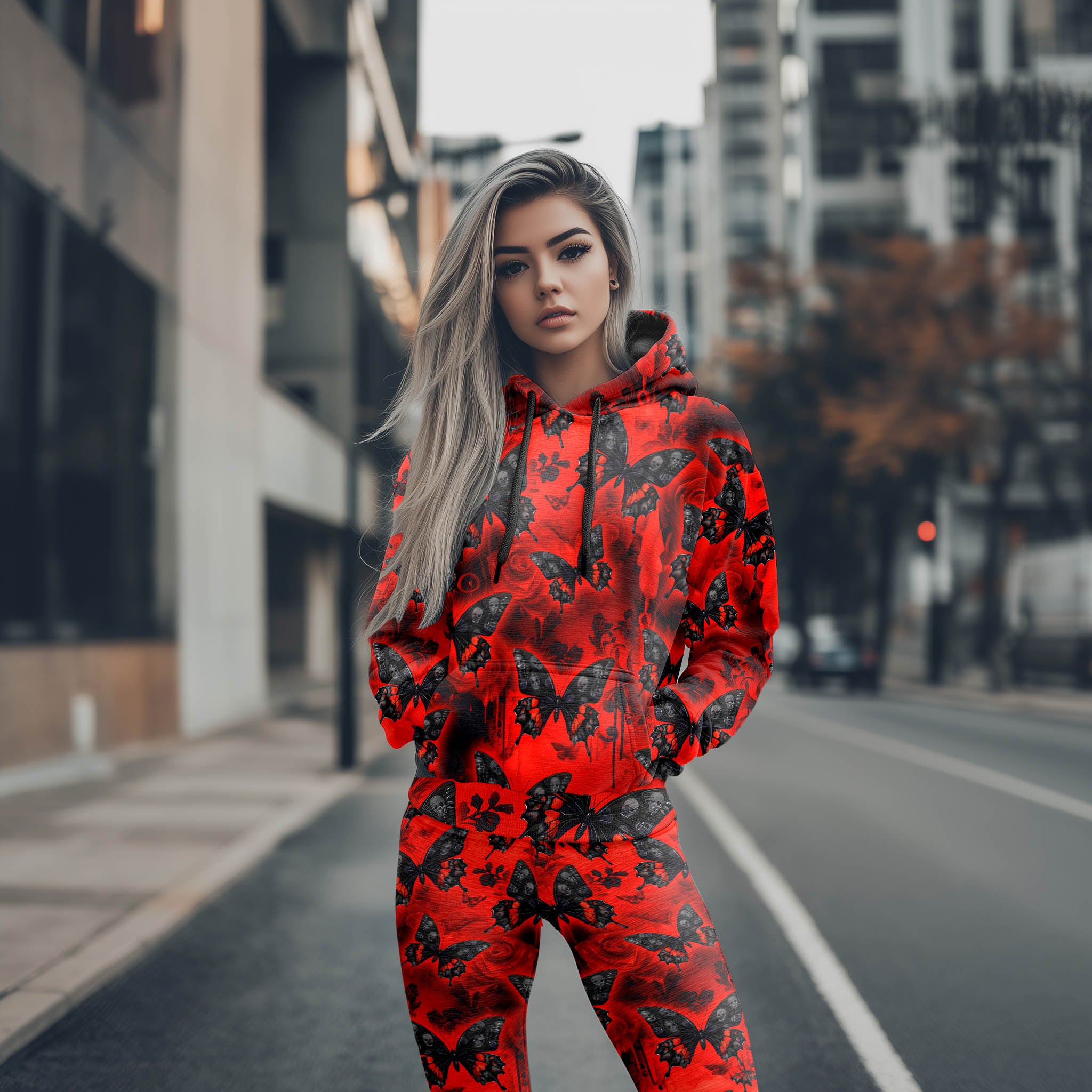 Women Hoodie and Leggings, Red Butterfly Skull Grunge Outwear Pants Outfit