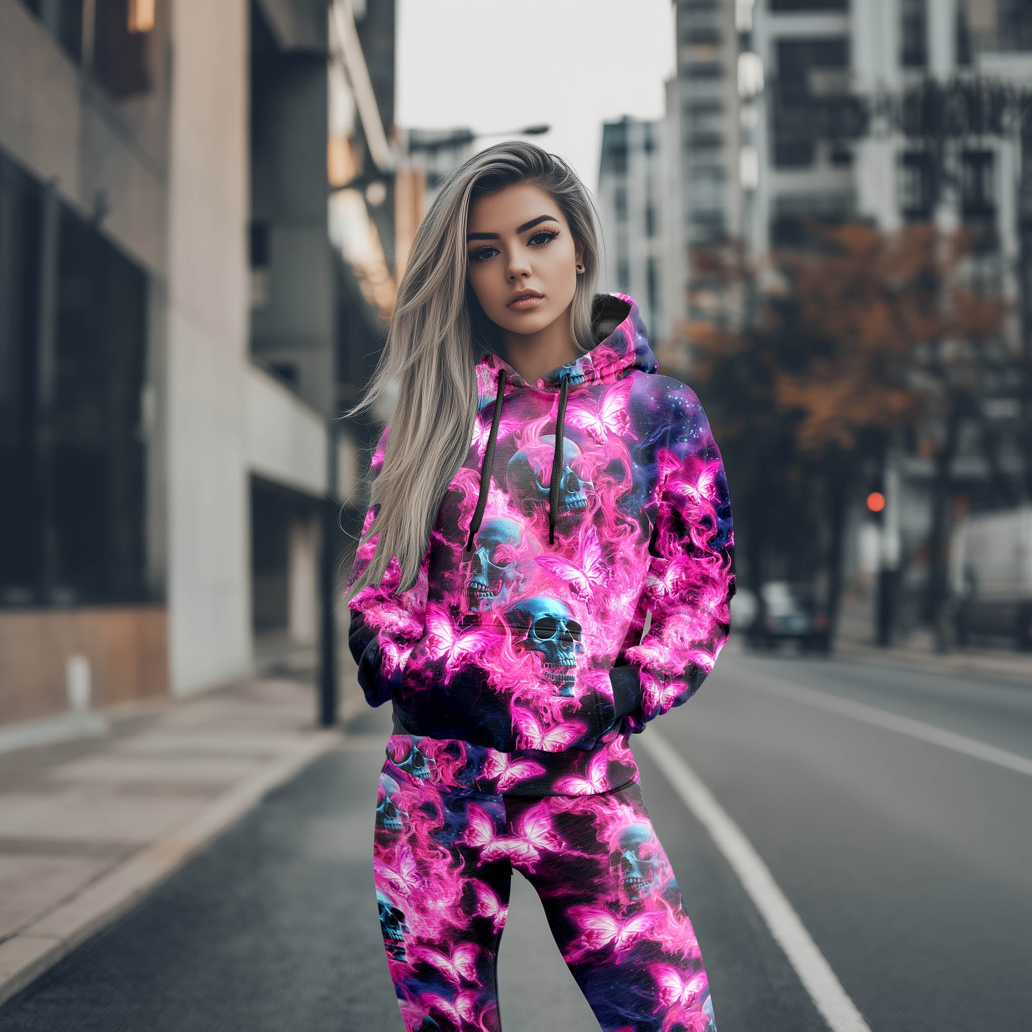 Women Hoodie and Leggings, Pink Skull Flaming Outwear Pants Outfit