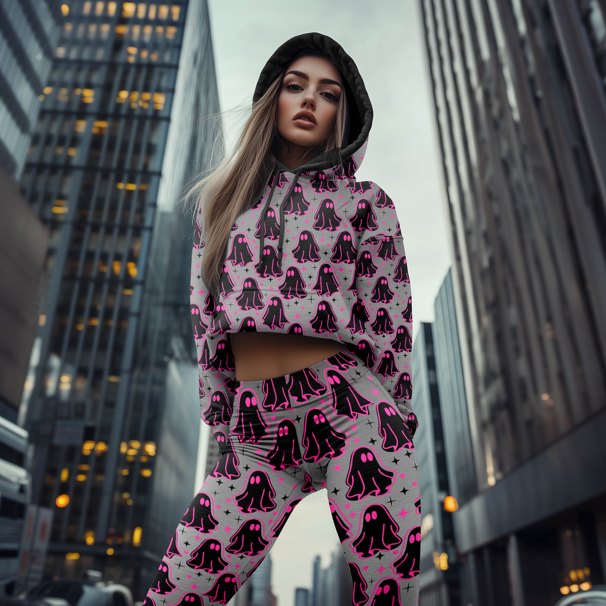 Women Hoodie and Leggings, Pink Boo Pattern Outwear Pants Outfit
