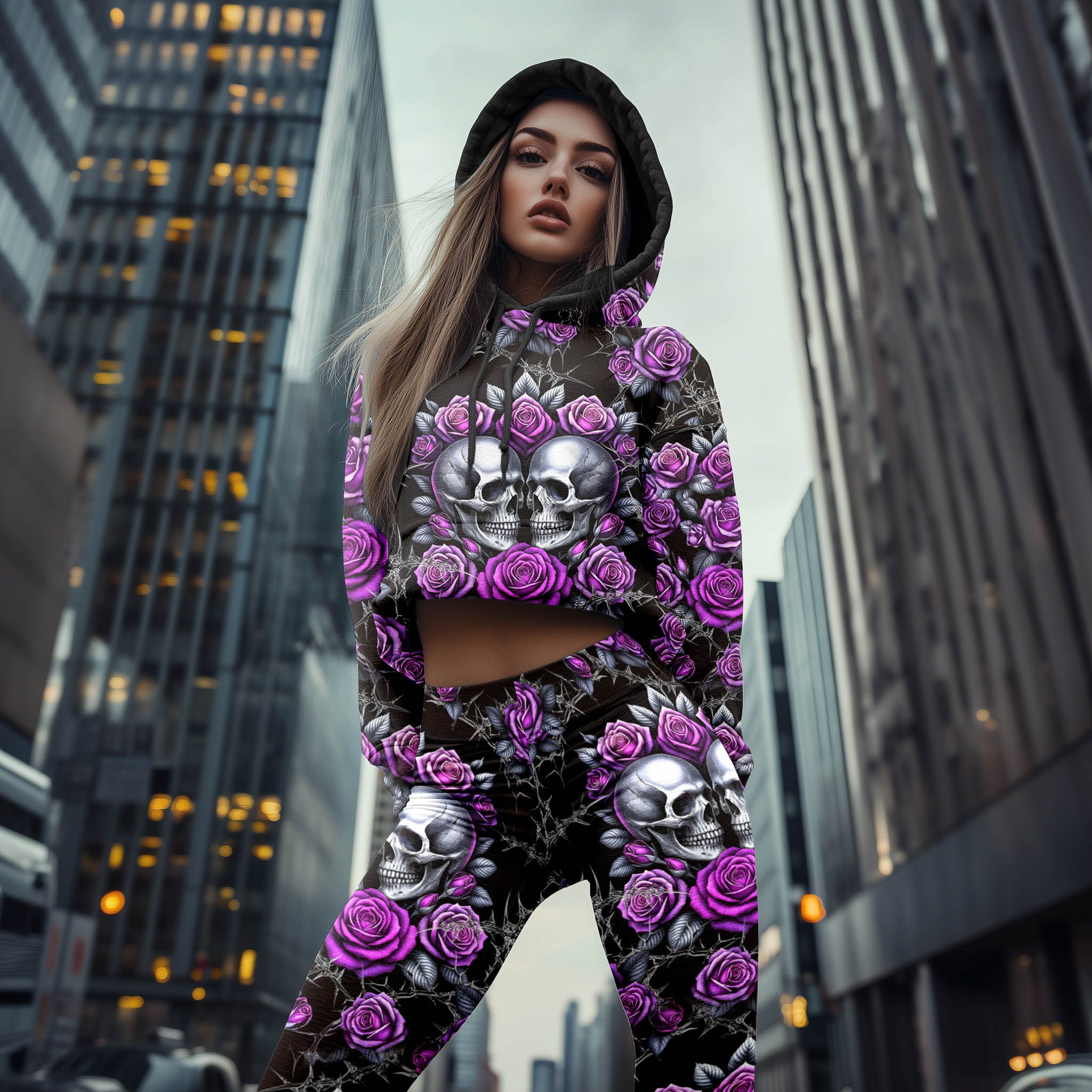 Women Hoodie and Leggings, Purple Thorns Skull Desire Outwear Pants Outfit