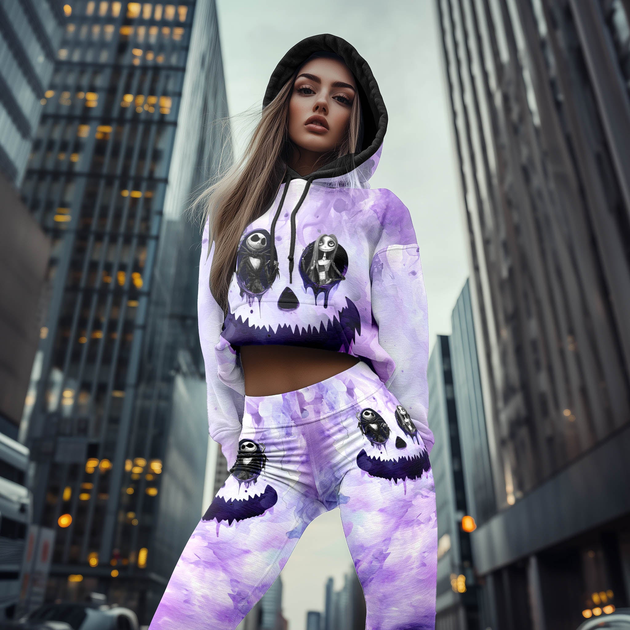 Women Hoodie and Leggings, Purple Face Art Outwear Pants Outfit