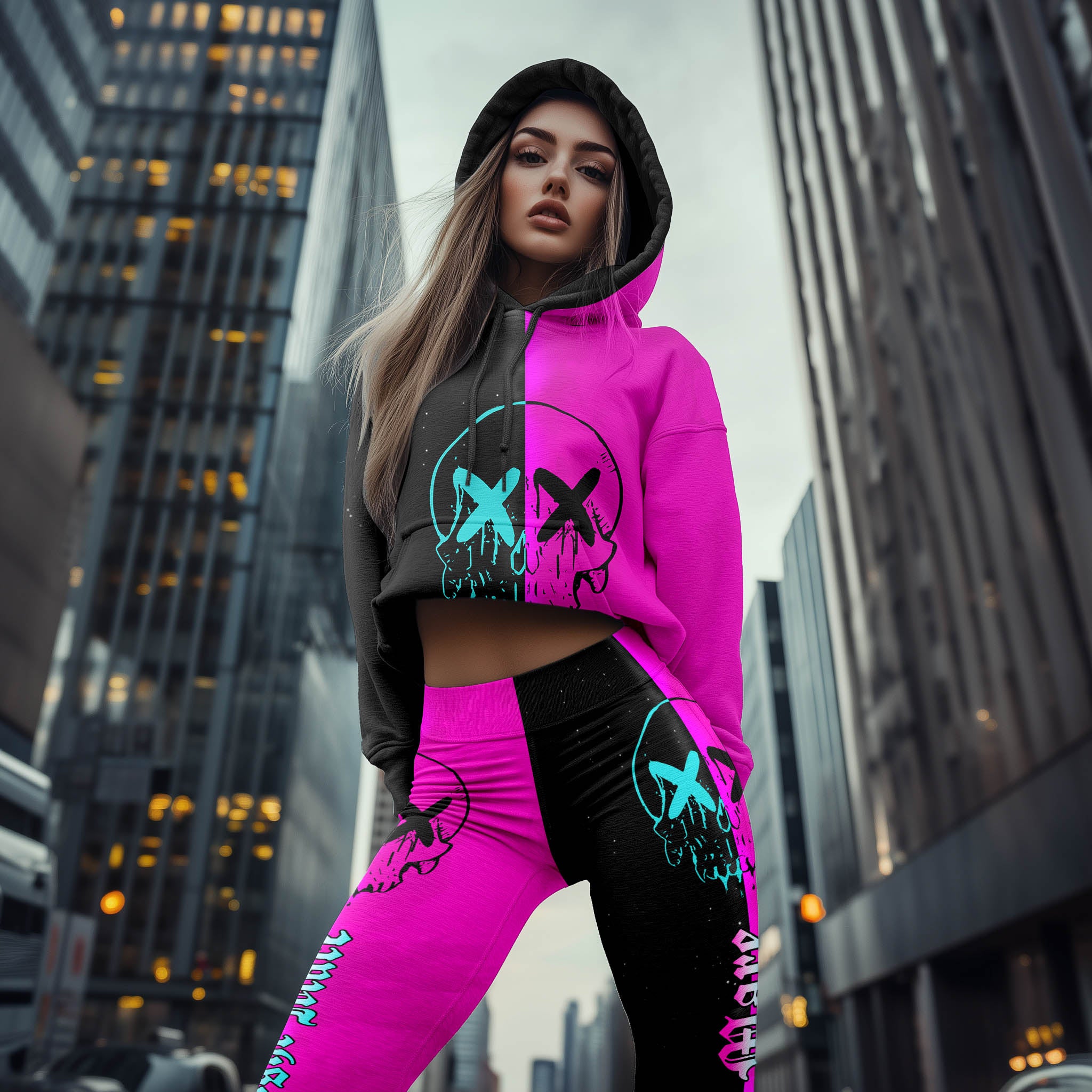 Women Hoodie and Leggings, Neon Skull Nightmare Outwear Pants Outfit