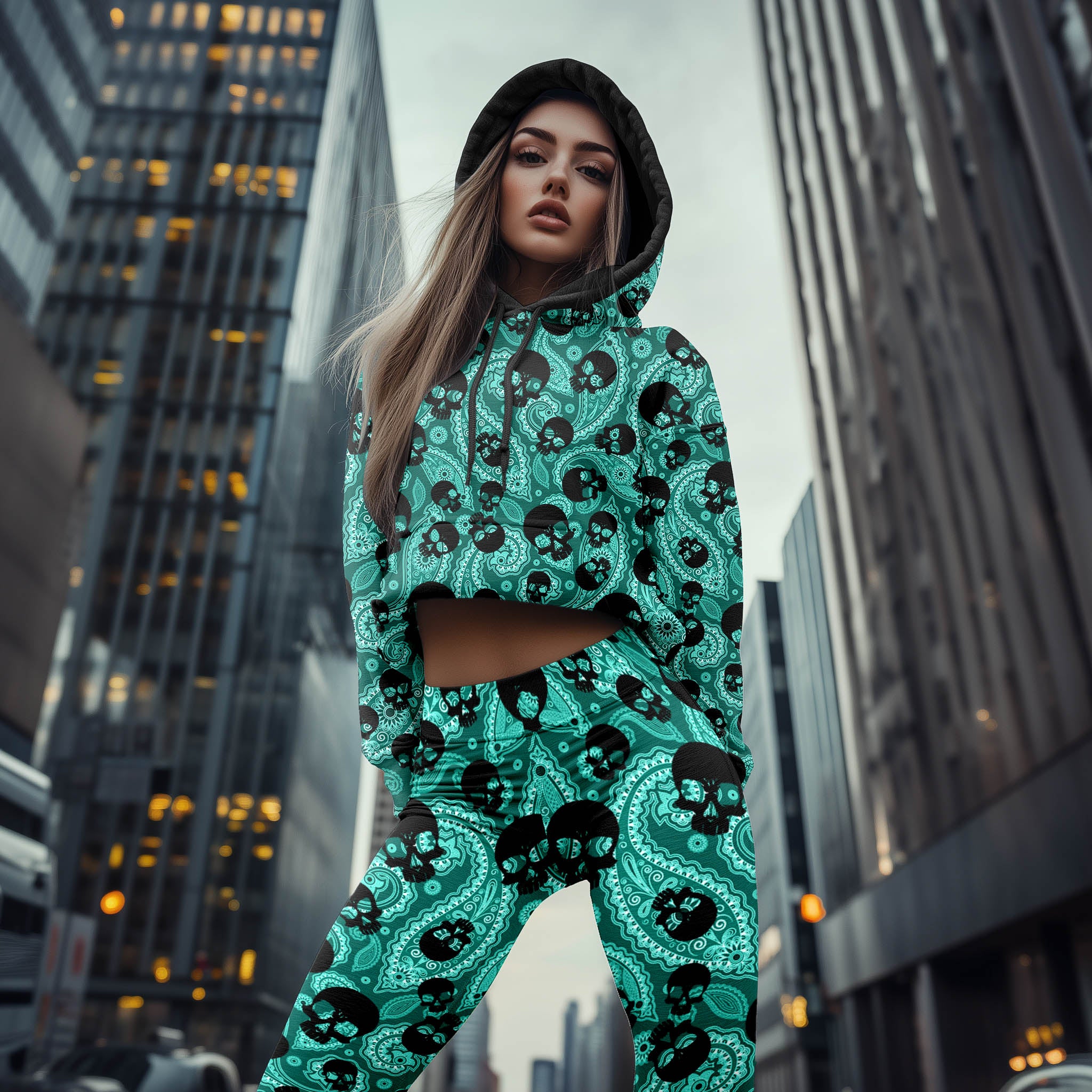 Women Hoodie and Leggings, Cyan Pattern Skull Outwear Pants Outfit