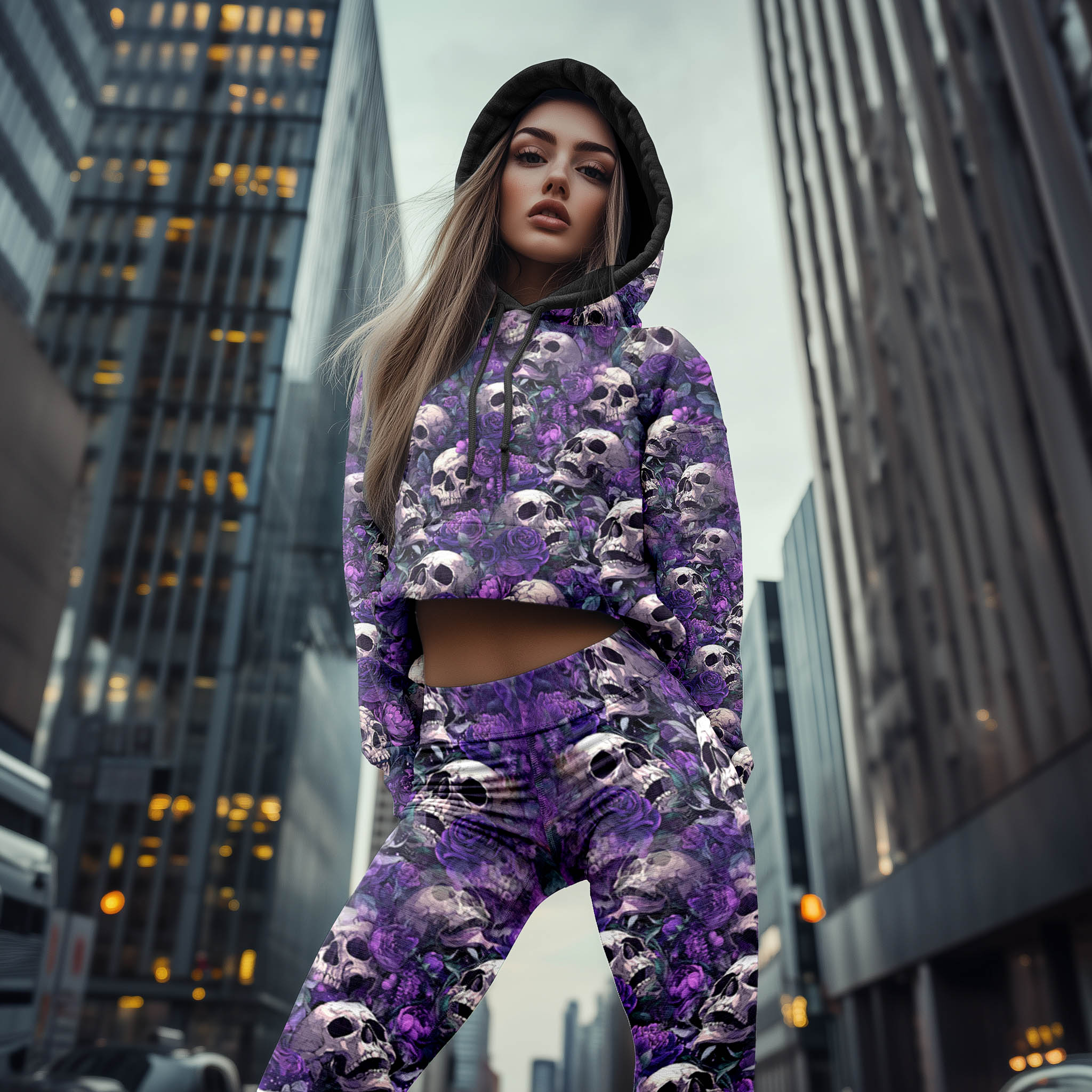 Women Hoodie and Leggings, Violet Requiem Skull Outwear Pants Outfit