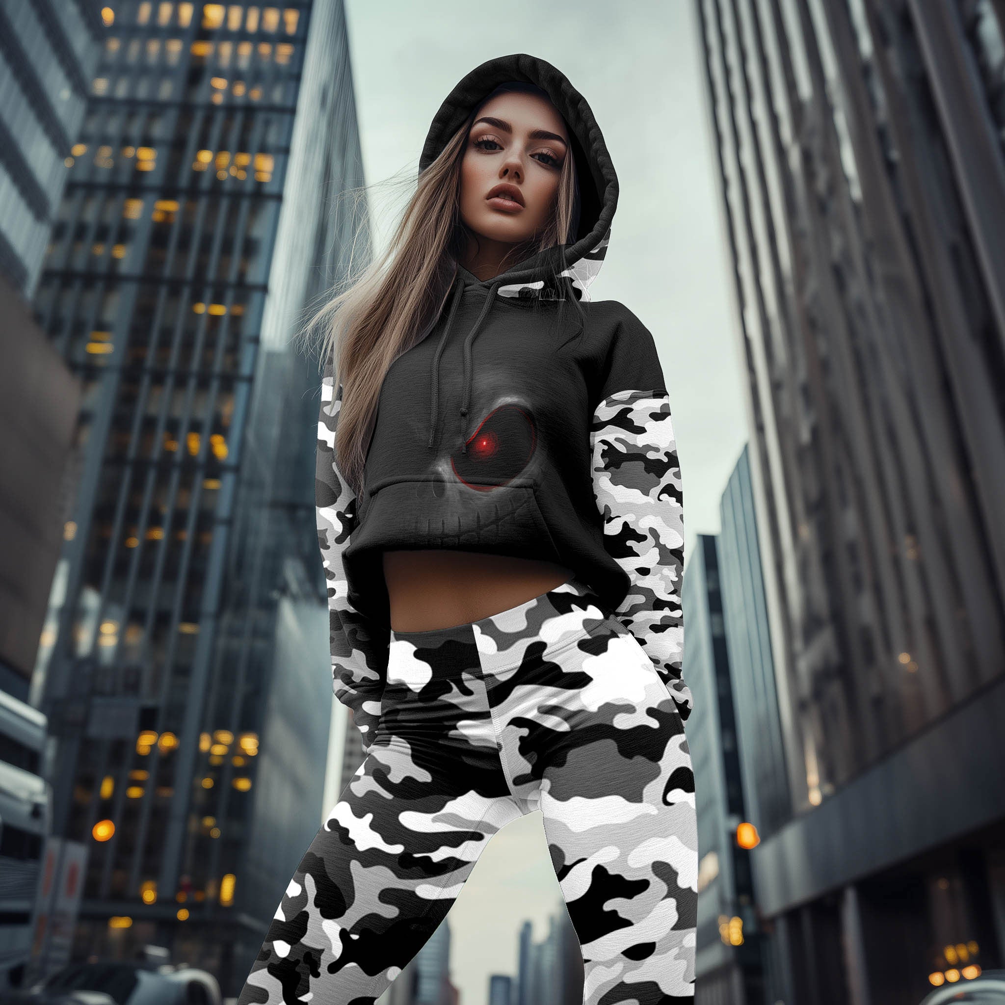 Women Hoodie and Leggings, Red Eye Skull Camo Outwear Pants Outfit
