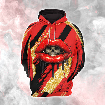 Women Hoodie and Leggings, Red Glitter Skull Lip Outwear Pants Outfit