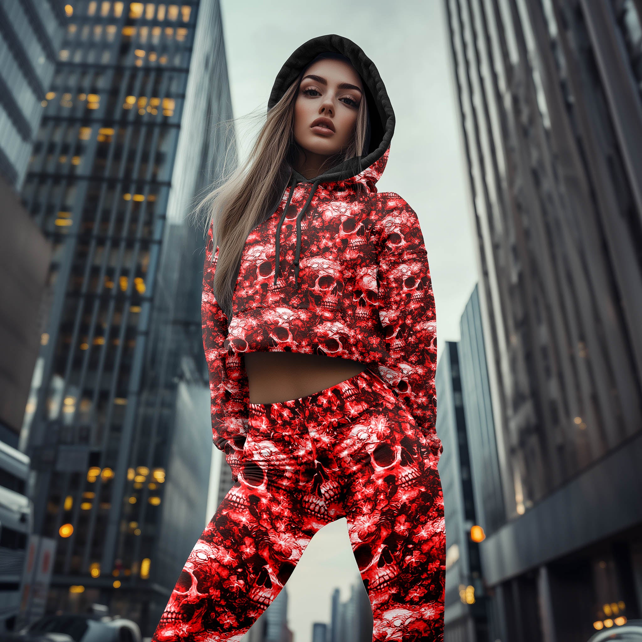 Women Hoodie and Leggings, Red Flower Skull Pattern Outwear Pants Outfit