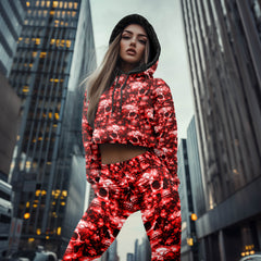 Women Hoodie and Leggings, Red Flower Skull Pattern Outwear Pants Outfit