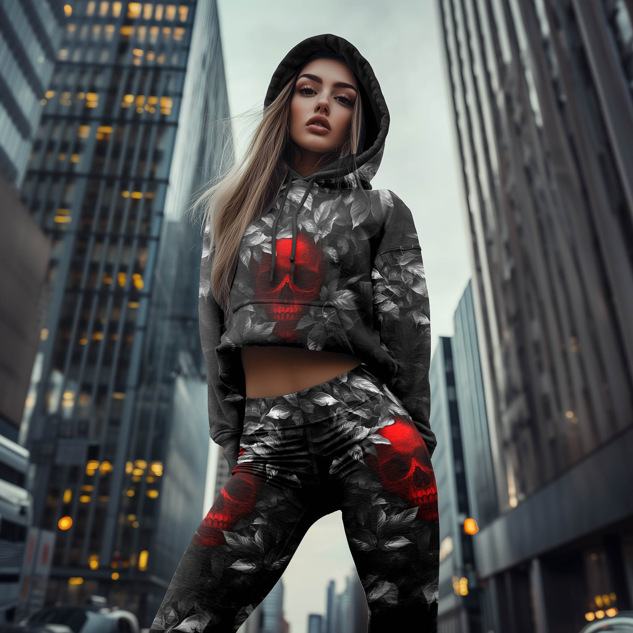 Women Hoodie and Leggings, Red Skull Leaf Art Outwear Pants Outfit
