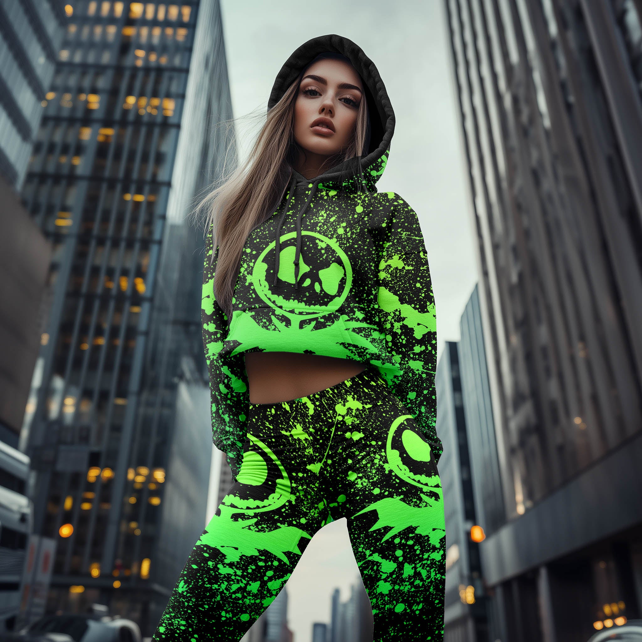 Women Hoodie and Leggings, Green Brush Art Outwear Pants Outfit