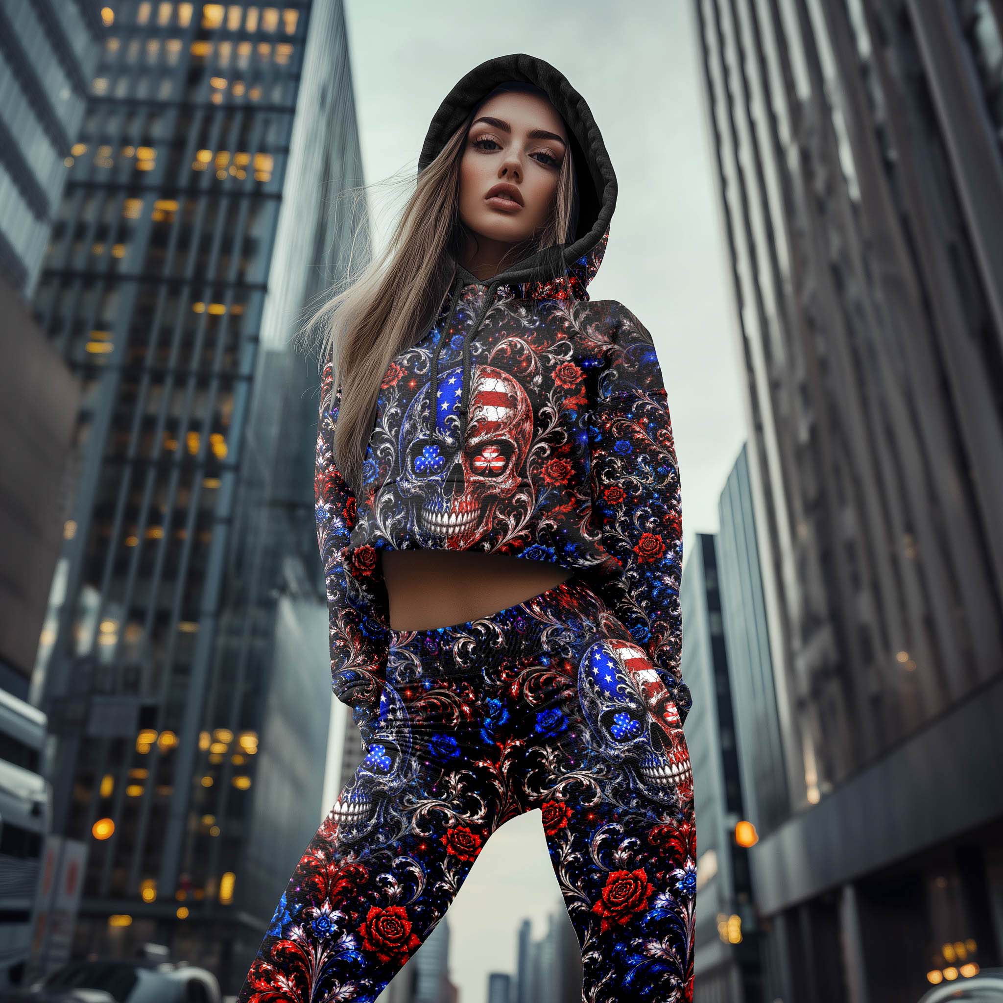 Women Hoodie and Leggings, Patriotic Damask Skull Outwear Pants Outfit