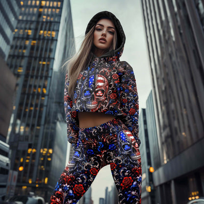 Women Hoodie and Leggings, Patriotic Damask Skull Outwear Pants Outfit