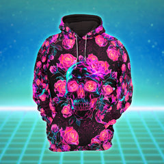 Pink Neon Skull Rose Combo Hoodie and Leggings - Dark and edgy matching set with skull designs for a unique and stylish look