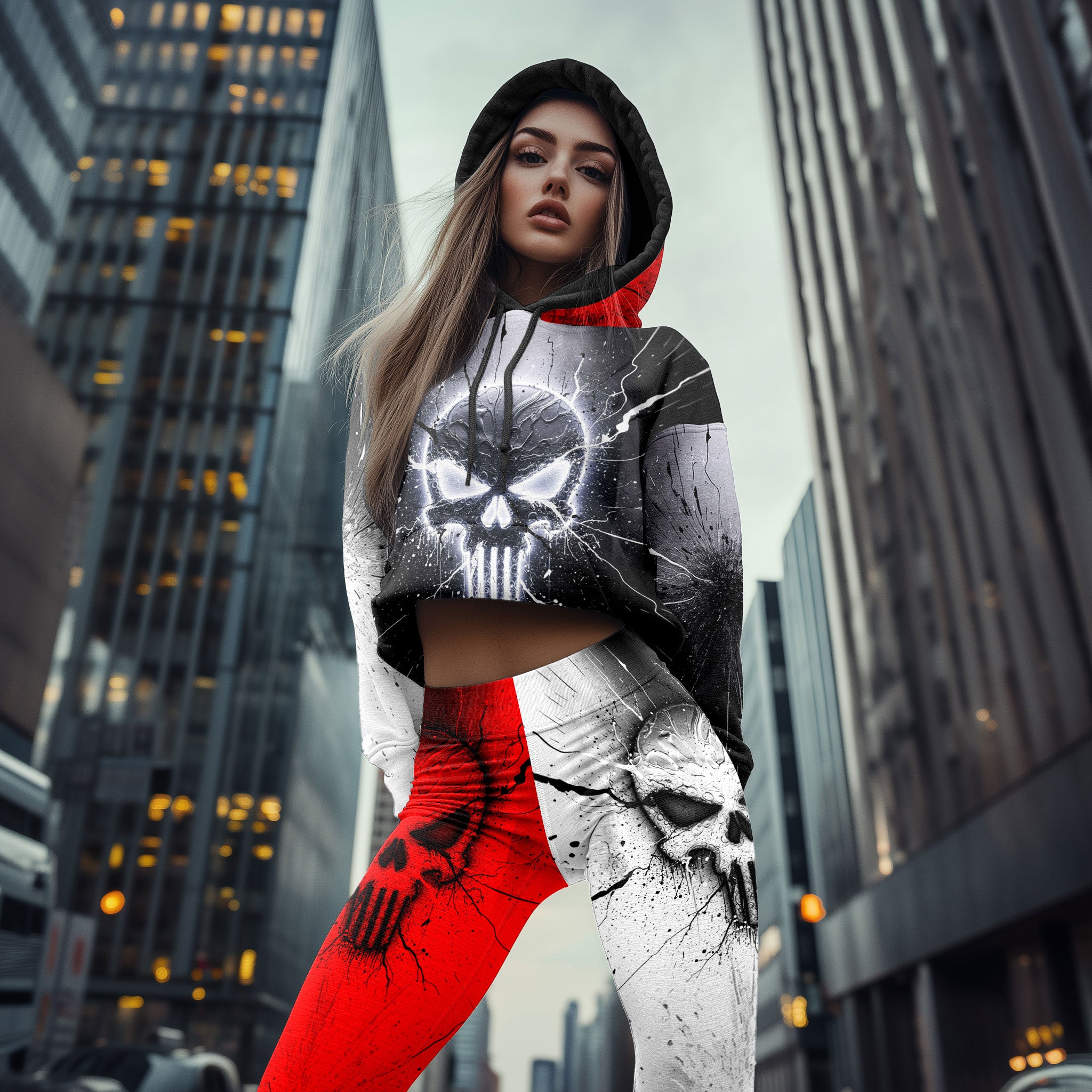 Women Hoodie and Leggings, Electric Skull Gothic Outwear Pants Outfit
