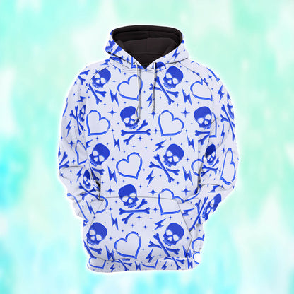 Blue Skull Heart Pattern Combo Hoodie and Leggings - Dark and edgy matching set with skull designs for a unique and stylish look
