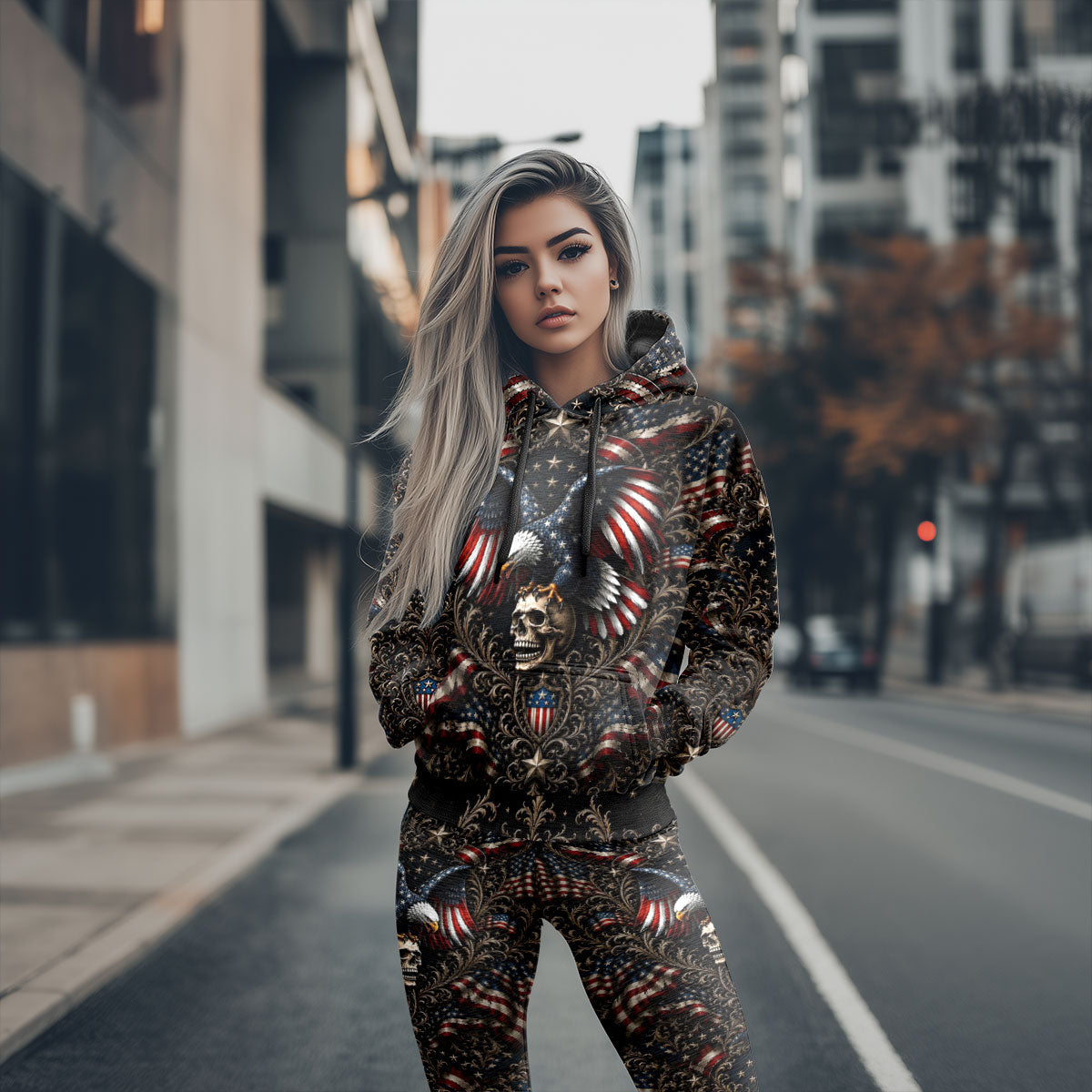 Women Hoodie and Leggings, Rebel Eagle Patriotic Crest Outwear Pants Outfit