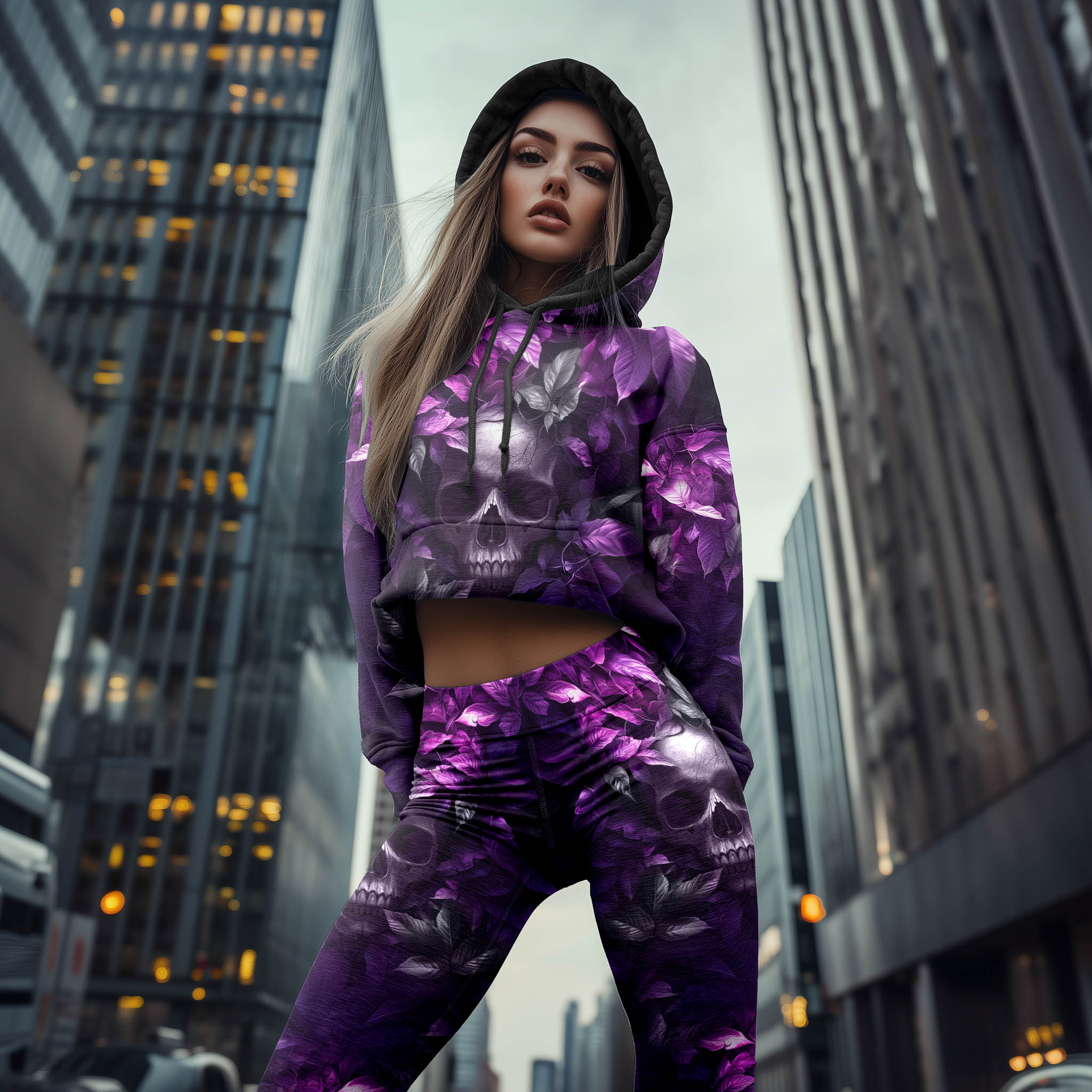 Women Hoodie and Leggings, Purple Skull Leaf Art Outwear Pants Outfit