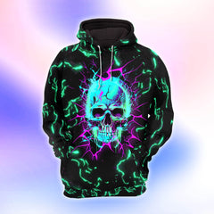 Neon Cyan Skull Thunder Combo Hoodie and Leggings - Dark and edgy matching set with skull designs for a unique and stylish look