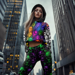 Women Hoodie and Leggings, Neon Sugar Skulls Pattern Outwear Pants Outfit
