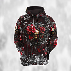 Red Skull Rose Floral Combo Hoodie and Leggings - Dark and edgy matching set with skull designs for a unique and stylish look