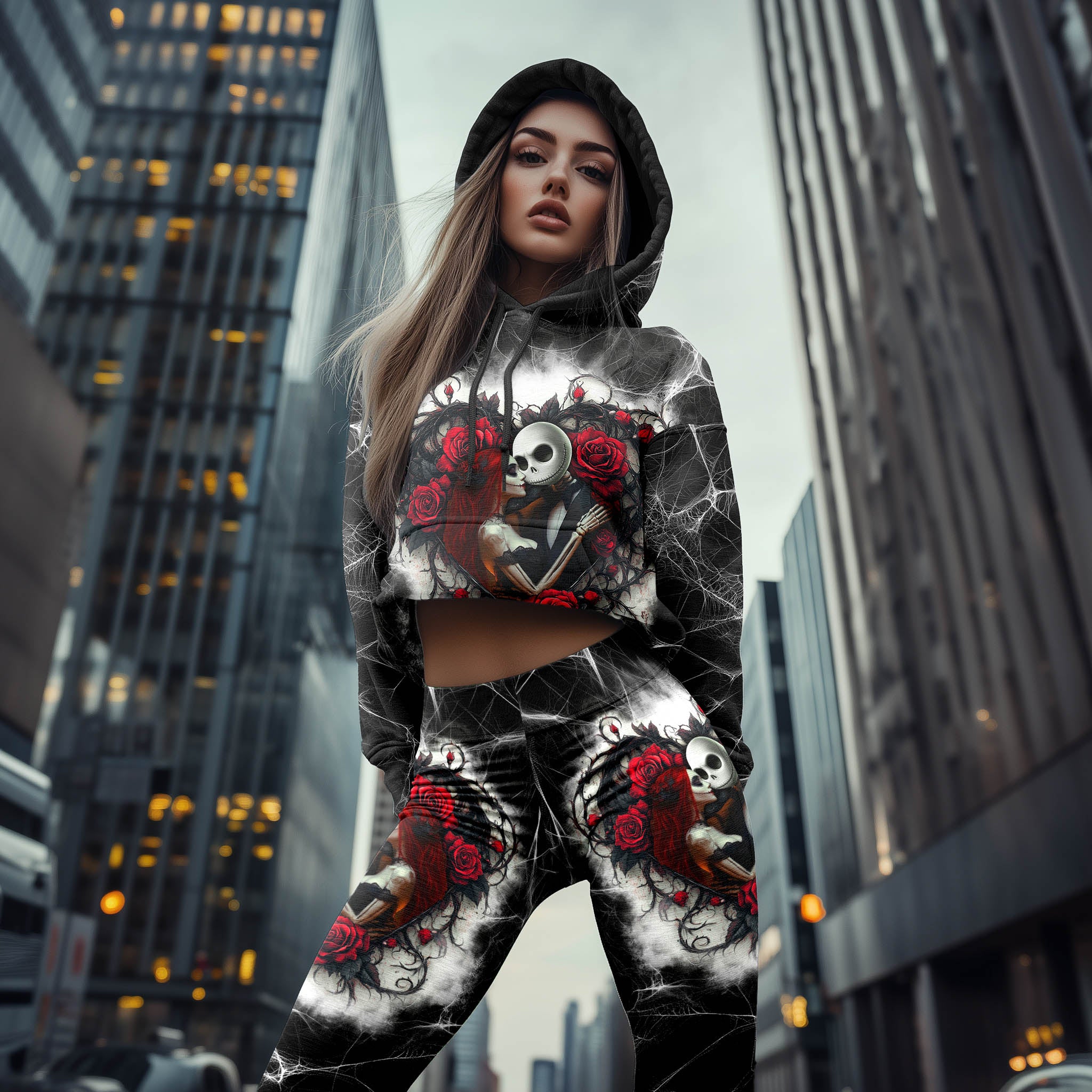 Women Hoodie and Leggings, Couple Skeleton Rose Outwear Pants Outfit