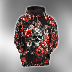 Red Rose Skull Butterfly Combo Hoodie and Leggings - Dark and edgy matching set with skull designs for a unique and stylish look