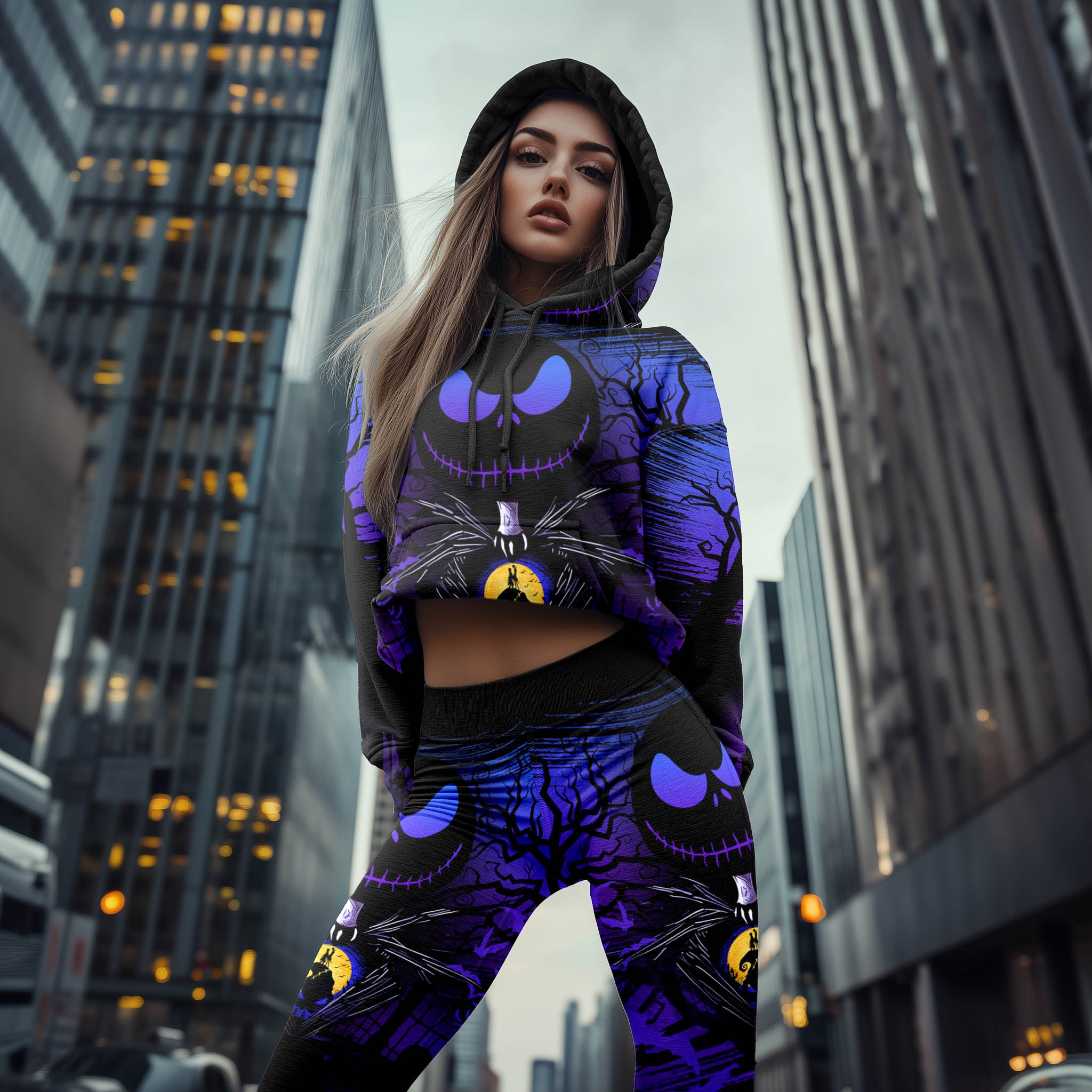 Women Hoodie and Leggings, Purple Night Moon Outwear Pants Outfit