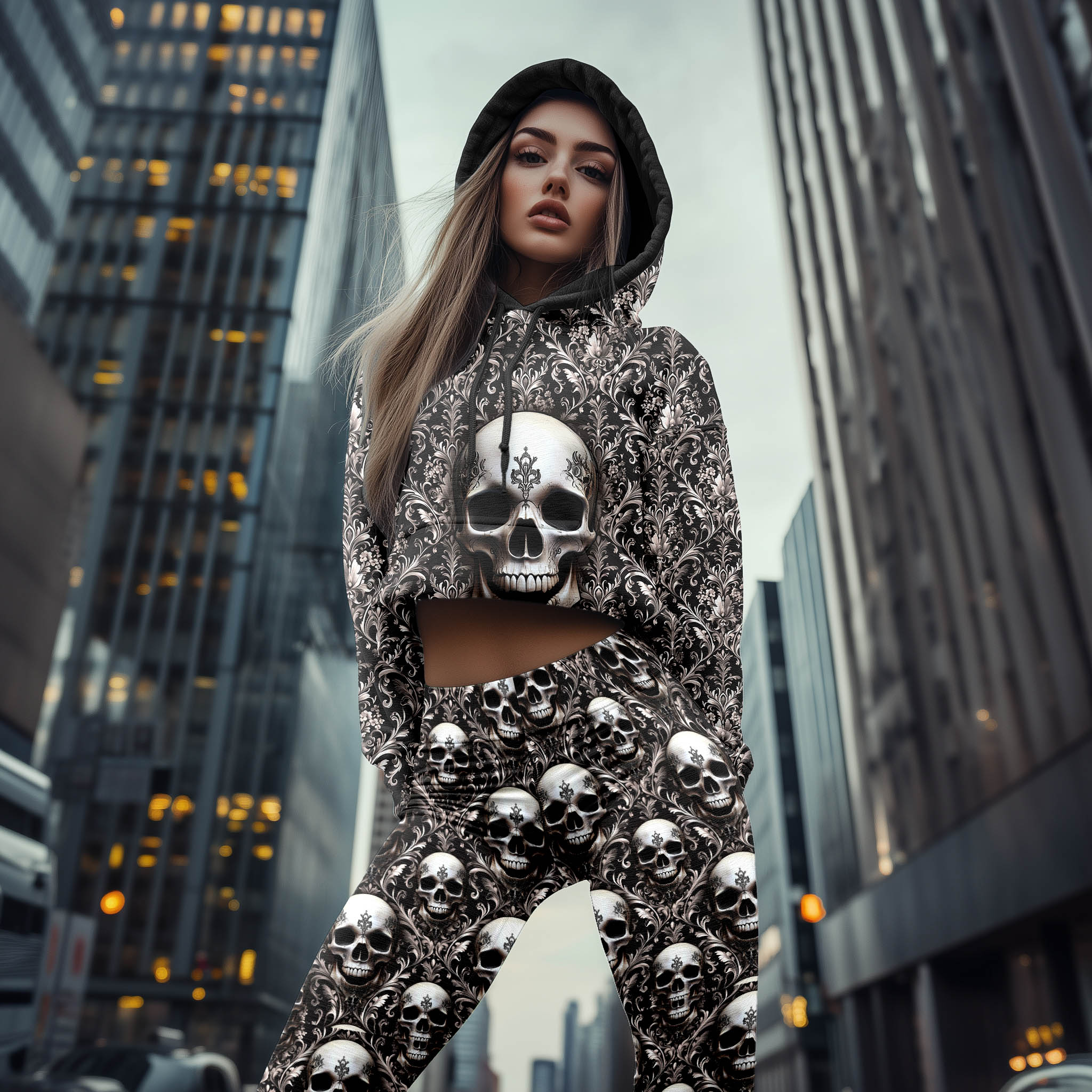 Women Hoodie and Leggings, Skull filigree Pattern Outwear Pants Outfit