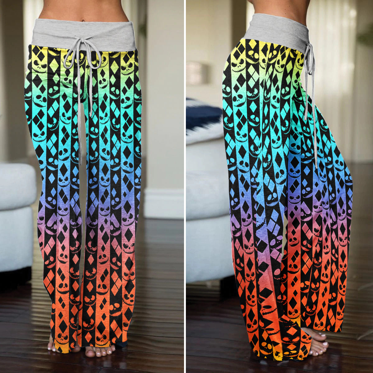 Colorful Skull Diamond Art Women's High-waisted Wide Leg Pants