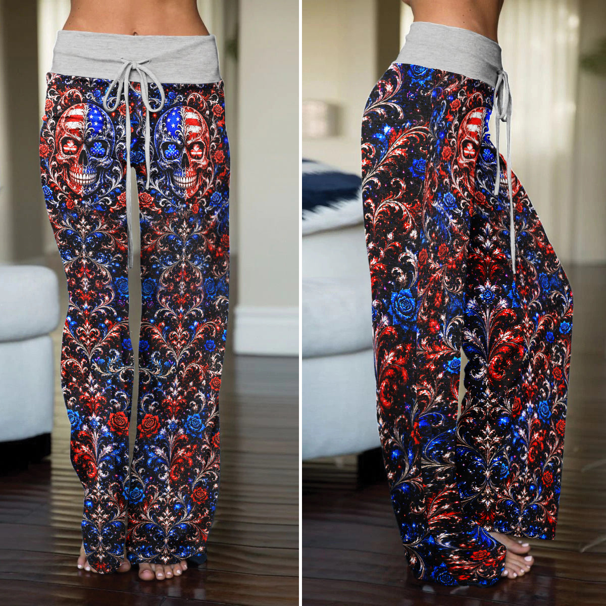 Baroque American Skull Women's High-waisted Wide Leg Pants