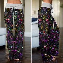 Rainbow Heart Skulls Women's High-waisted Wide Leg Pants