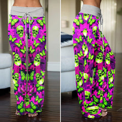Neon Purple Puzzle Skull Women's High-waisted Wide Leg Pants