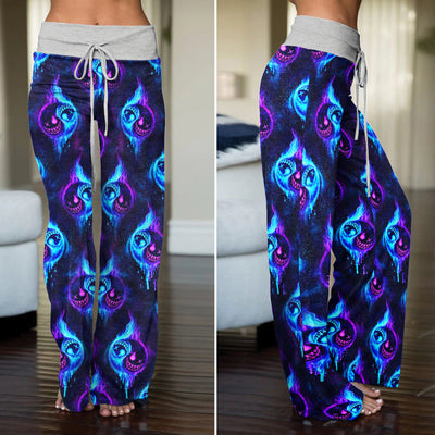 Neon Flame Skull Pattern Women's High-waisted Wide Leg Pants