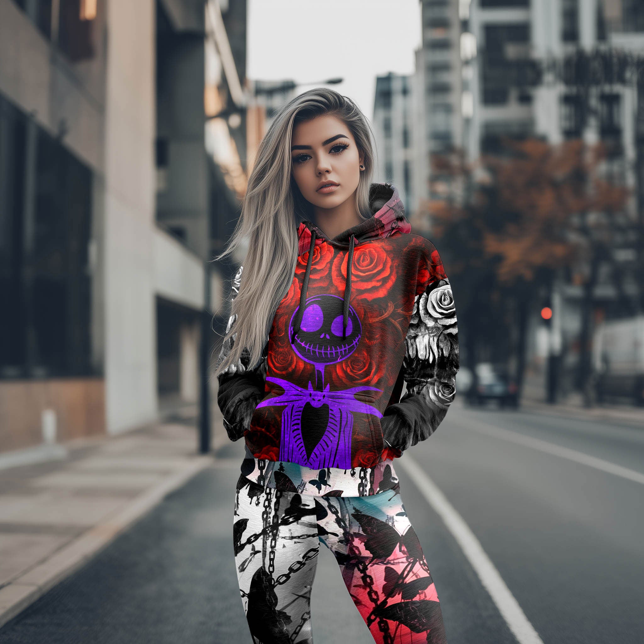 Women Hoodie and Leggings, Dark Rose Neon Figure Outwear Pants Outfit