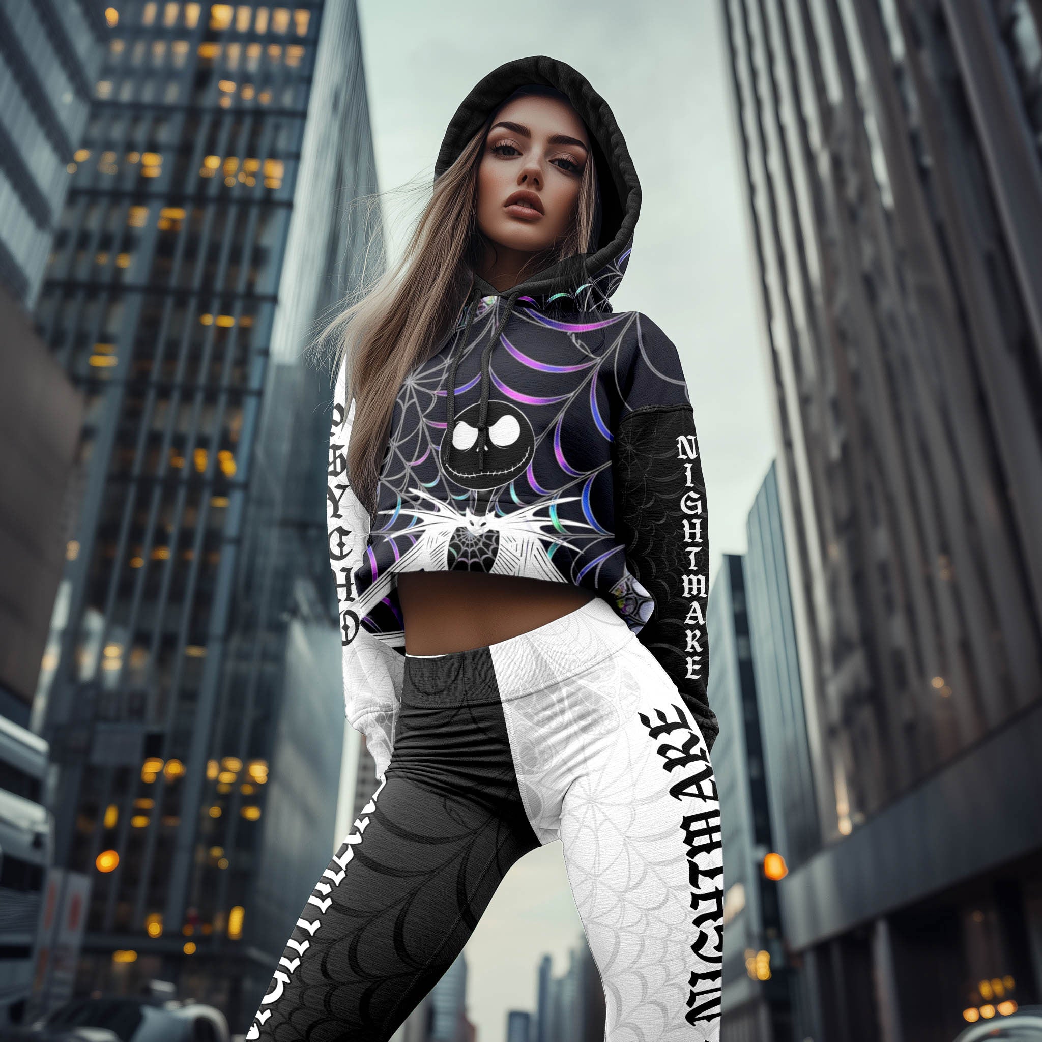 Women Hoodie and Leggings, Holographic Skeleton Art Outwear Pants Outfit