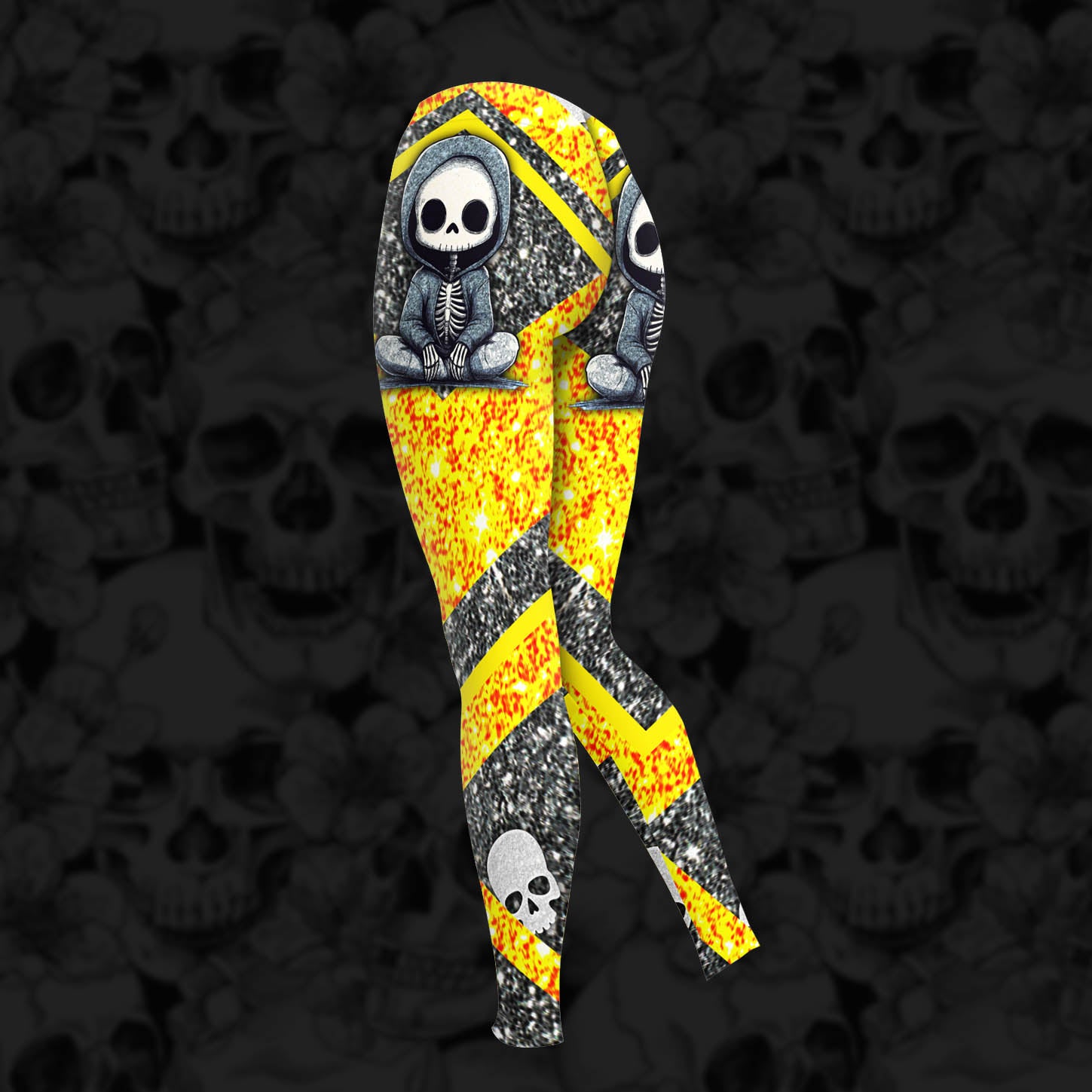 Women Hoodie and Leggings, Yellow Glitter Skeleton Outwear Pants Outfit