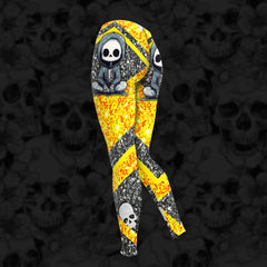 Women Hoodie and Leggings, Yellow Glitter Skeleton Outwear Pants Outfit