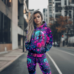 Women Hoodie and Leggings, Neon Crystal Skull Rose Outwear Pants Outfit
