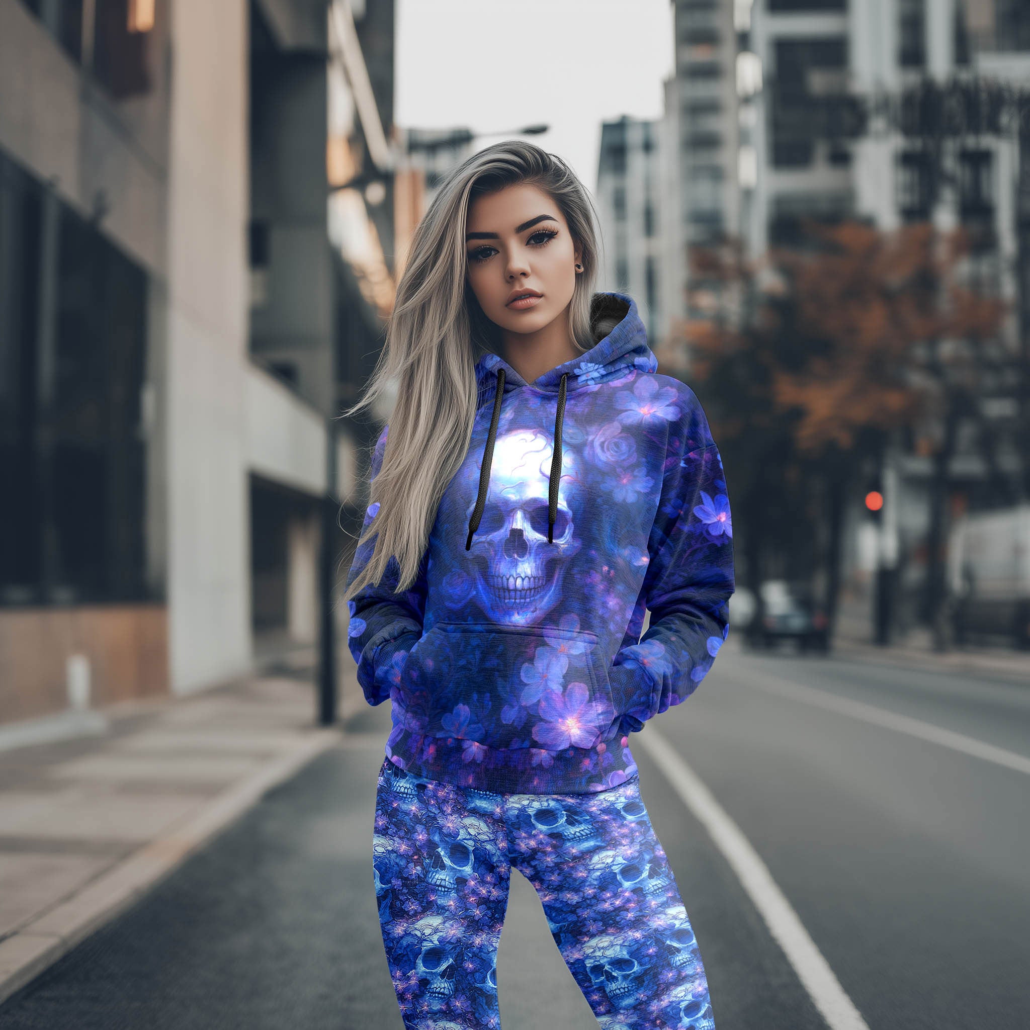 Women Hoodie and Leggings, Gothic Bleeding Rose Skull Outwear Pants Outfit