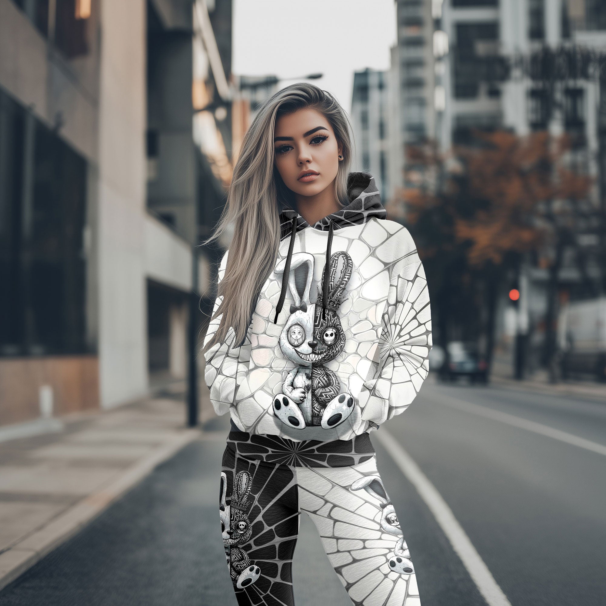 Women Hoodie and Leggings, Gothic Rabbit Skull Doll Outwear Pants Outfit