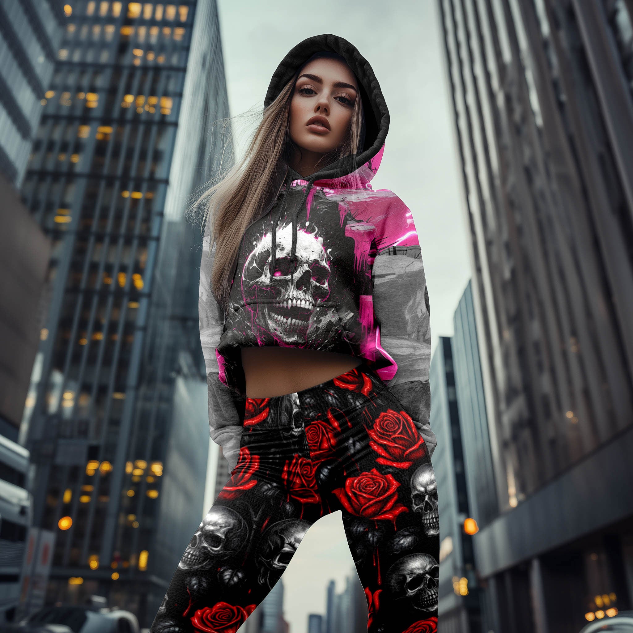 Women Hoodie and Leggings, Neon Rose Reaper Outwear Pants Outfit