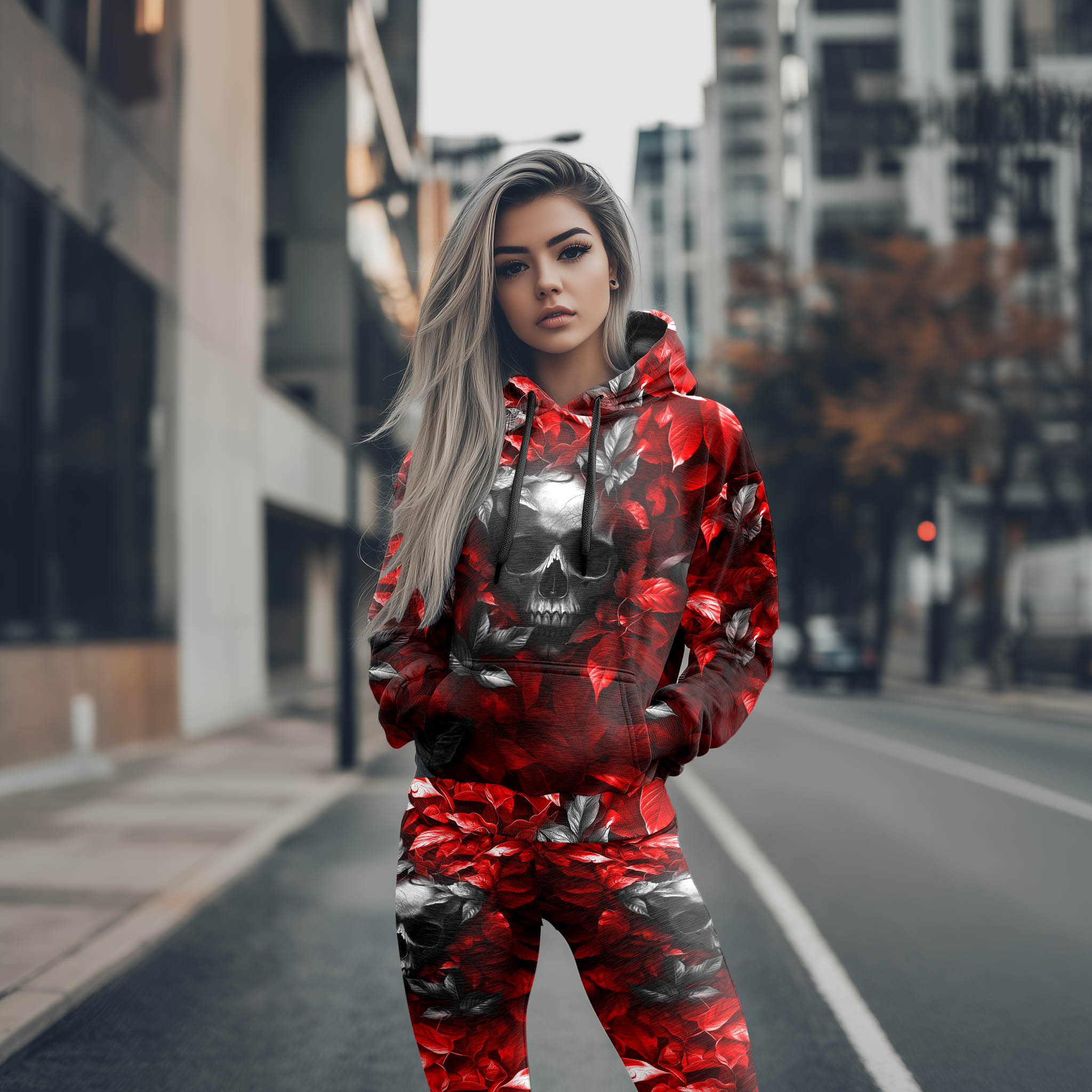 Women Hoodie and Leggings, Red Leaf Skull Grunge Outwear Pants Outfit